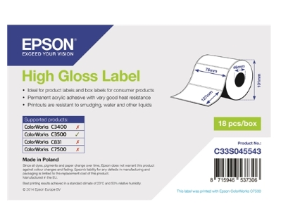 Epson Etiquetas C33S045543 S045543 High Gloss Label - Die-cut Roll: 76mm x 127mm, 250 labels