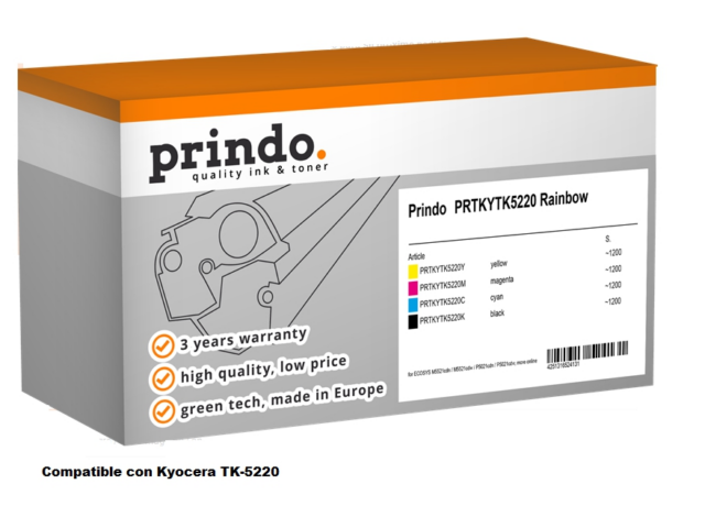 Prindo Value Pack negro cian magenta amarillo PRTKYTK5220 Rainbow Compatible con Kyocera TK-5220