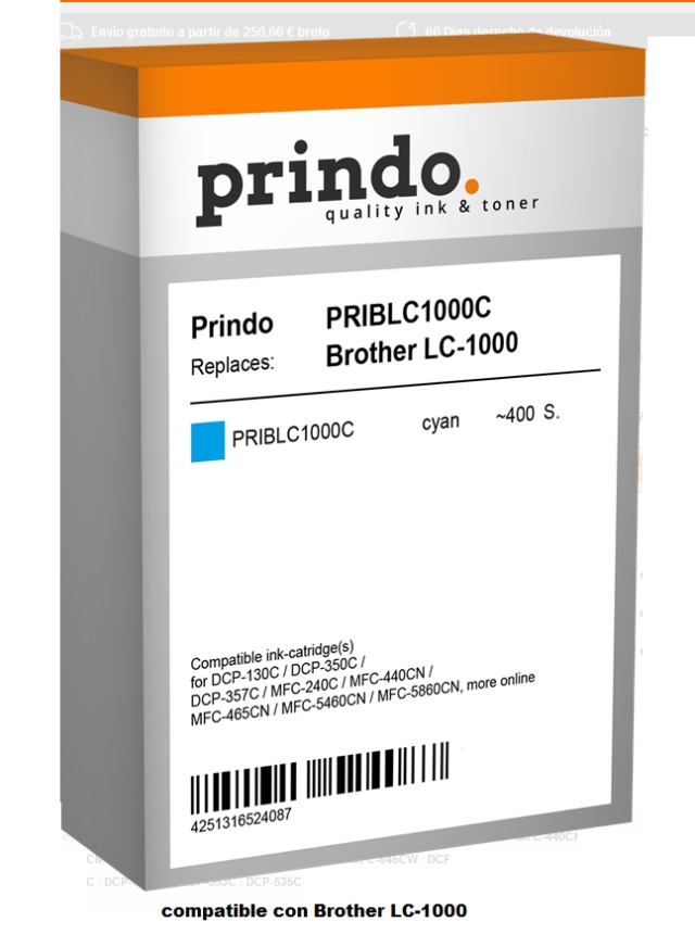 Prindo Cartucho de tinta cian PRIBLC1000C Compatible con Brother LC-1000 LC1000C
