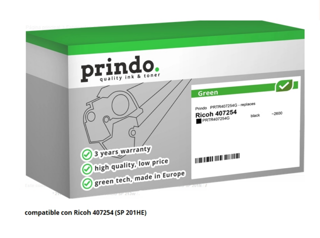 Prindo Tóner negro PRTR407254G Green Compatible con Ricoh 407254 SP 201HE