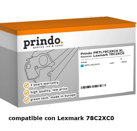 Prindo Tóner cian PRTL78C2XC0 compatible con Lexmark 78C2XC0