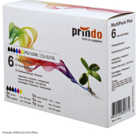 Prindo Multipack PRSCCLI521Plus alternativa para Canon 2x PGI-520bk y+ CLI-521