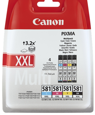 Canon Multipack negro cian magenta amarillo CLI-581 XXL Multi 1998C005 4 Cartuchos de tinta: CLI-581bk XXL + CLI-581c XXL + CLI-581m XXL