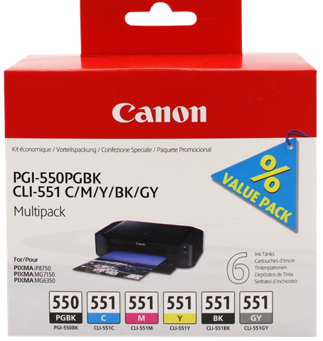 Canon Multipack color 6496B005 PGI-550 + CLI-551 6 cartuchos de tinta: 1x PGI-550 + 1 Ud. CLI-551 BK+C+M+Y+GY