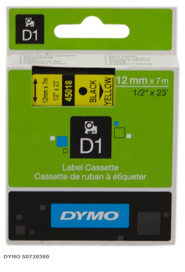 DYMO Cinta mecanográfico negro sobre amarillo S0720580 45018 12mm x 7m, estándard-D1-Cinta