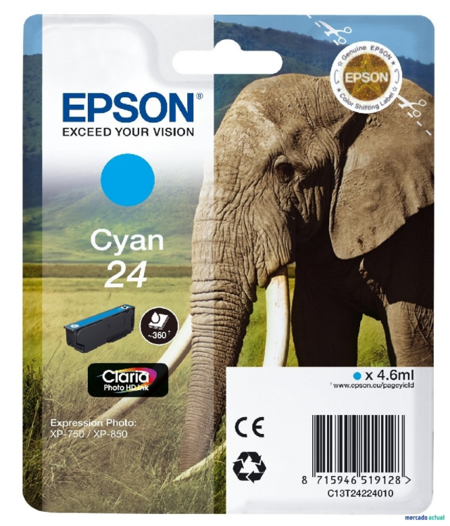 Epson Cartucho de tinta cían C13T24224010 T2422 360 Páginas. 4.6ml