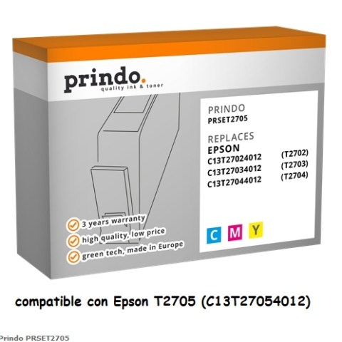 Prindo Multipack cian magenta amarillo PRSET2705 compatible con Epson T2705 (C13T27054012)