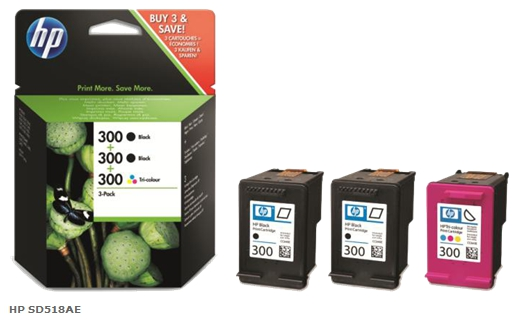 HP Value Pack 2x negro + color SD518AE 300 3x tinta HP 300: 2x CC640EE + 1x CC643EE