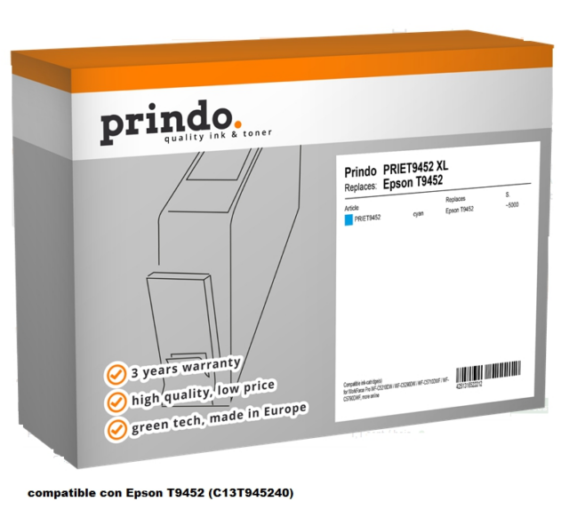 Prindo Cartucho de tinta cian PRIET9452 Compatible Epson T9452