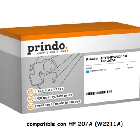 Prindo Tóner cian PRTHPW2211A 207A compatible con HP 207A W2211A
