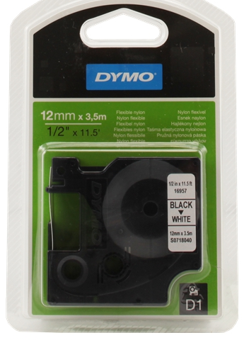 DYMO Cinta mecanográfico negro sobre blanco S0718040 16957 12mm x 3,5m, Nylon-D1-Cinta