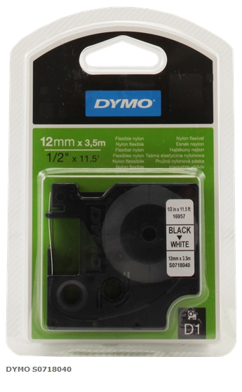 DYMO Cinta mecanográfico negro sobre blanco S0718040 16957 12mm x 3,5m, Nylon-D1-Cinta