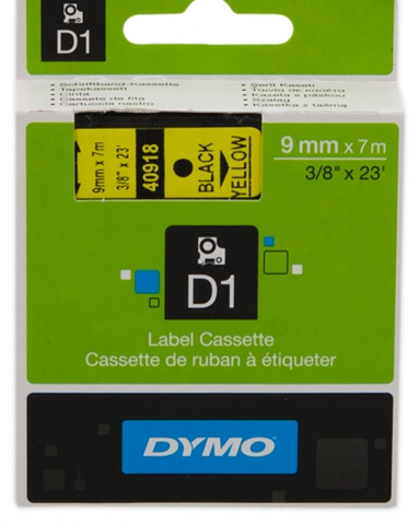 DYMO Cinta mecanográfico negro sobre amarillo S0720730 40918 9mm x 7m, Cinta-D1-estándard
