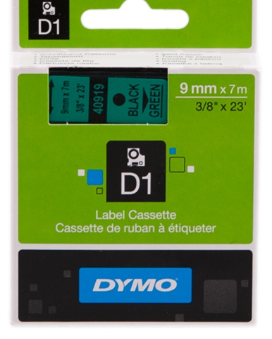 DYMO Cinta mecanográfico negro sobre verde S0720740 40919 9mm x 7m, Cinta-D1-estándard