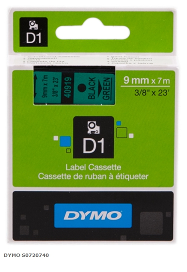 DYMO Cinta mecanográfico negro sobre verde S0720740 40919 9mm x 7m, Cinta-D1-estándard